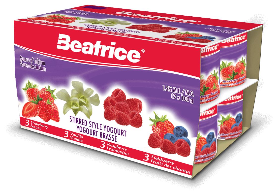 Yogourt fraises, vanille, framboises, fruits des champs emballage multiple 12x100 g