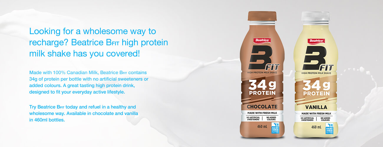 Looking for a wholesome way to recharge? Beatrice B-Fit high protein milk shake has you covered! Made with 100% Canadian Milk, Beatrice B-Fit contains 34g of protein per bottle with no artificial sweeteners or added colours. A great tasting high protein drink, designed to fit your everyday active lifestyle. Try Beatrice B-Fit today and refuel in a healthy and wholesome way. Available in chocolate and vanilla in 460ml bottles.